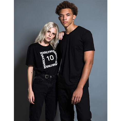 Plain V-Neck T-Shirt, Men's, Black | Hush Brand Apparel | blonde young female model standing next to young man, both looking into camera