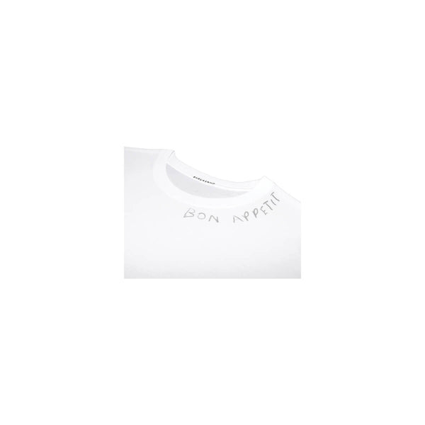 Icebreaker Collection T-Shirt, Men's, White | Hush Brand Apparel | BON APPETIT, close up view of bon appetit written in black ink along collar