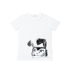 Icebreaker Collection T-Shirt, Men's, White | Hush Brand Apparel | BON APPETIT, black ink rough sketch of crazed looking bunny along bottom edge of shirt, bon appetit written along right collar - front view